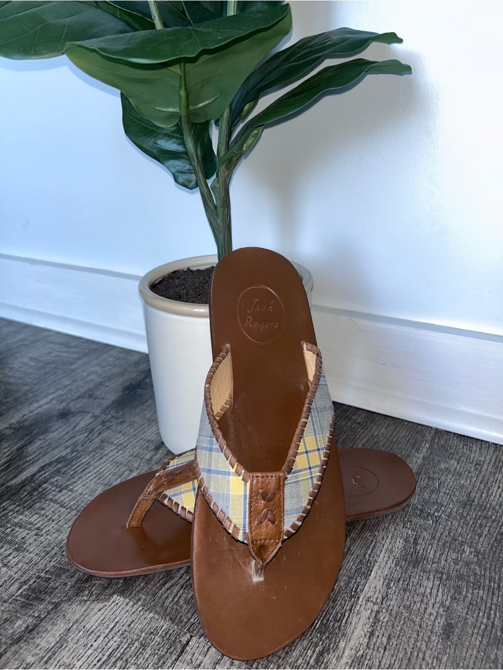 Jack Rogers Brown Leather Flip Flops with Yellow & Blue Plaid Straps